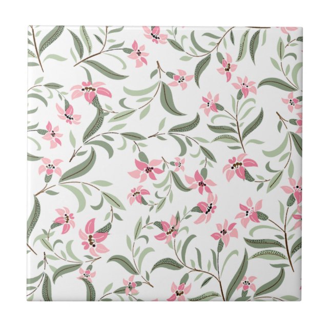 Pretty Elegant Pink Floral Pattern White Tile (Front)