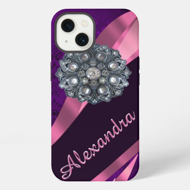 Pretty elegant purple personalized damask pattern iPhone case (Back)