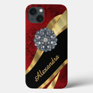 Pretty elegant red damask pattern personalized iPhone 13 case