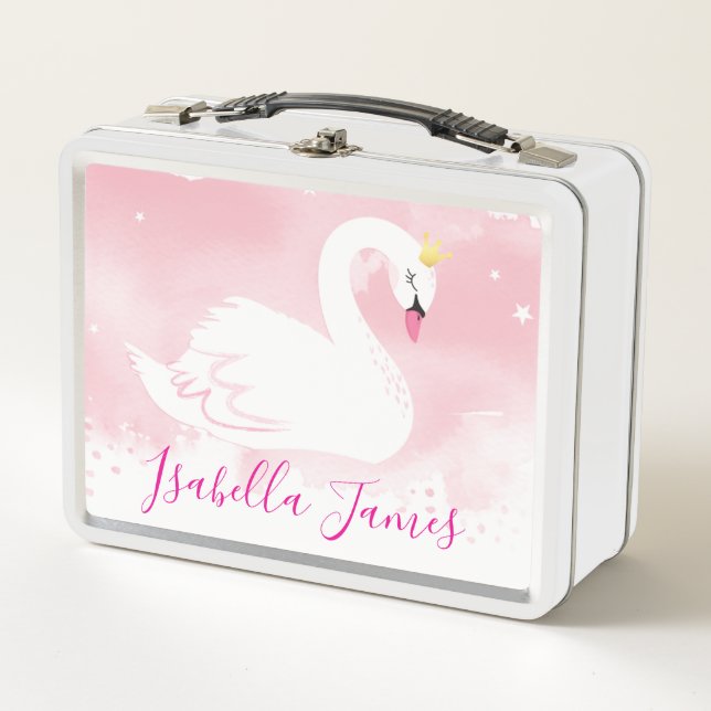PRETTY elegant swan painted watercolor pink Metal Lunch Box (Front)
