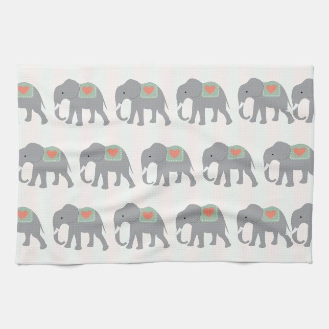 Pretty Elephants Coral Peach Mint Green Striped Kitchen Towel (Horizontal)