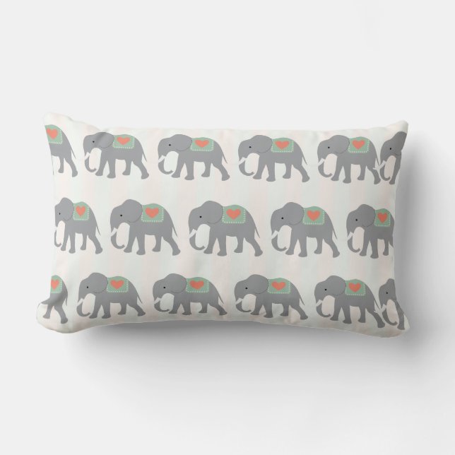 Pretty Elephants Coral Peach Mint Green Striped Lumbar Pillow (Front)