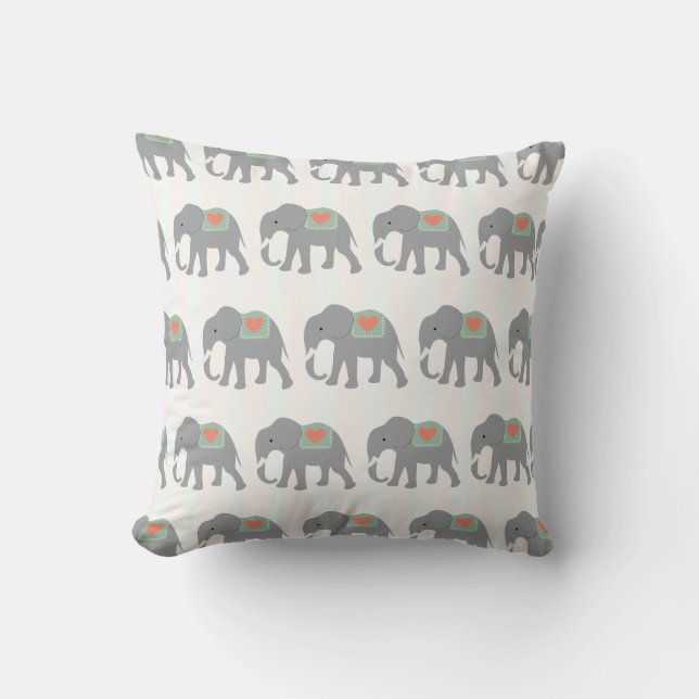 Pretty Elephants Coral Peach Mint Green Striped Throw Pillow (Front)