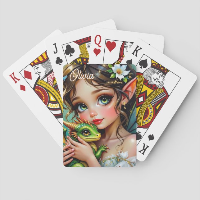 Pretty Elven Fairy and Dragon Personalized Playing Cards (Back)