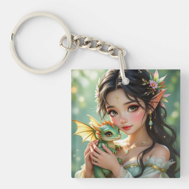 Pretty Elven Fairy & Dragon Ethereal Personalized Keychain (Front)