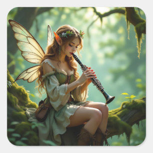 Pretty Elven Fairy Playing Clarinet Square Sticker