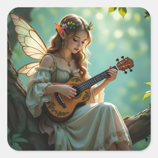 Pretty Elven Fairy Playing Ukulele Square Sticker (Front)