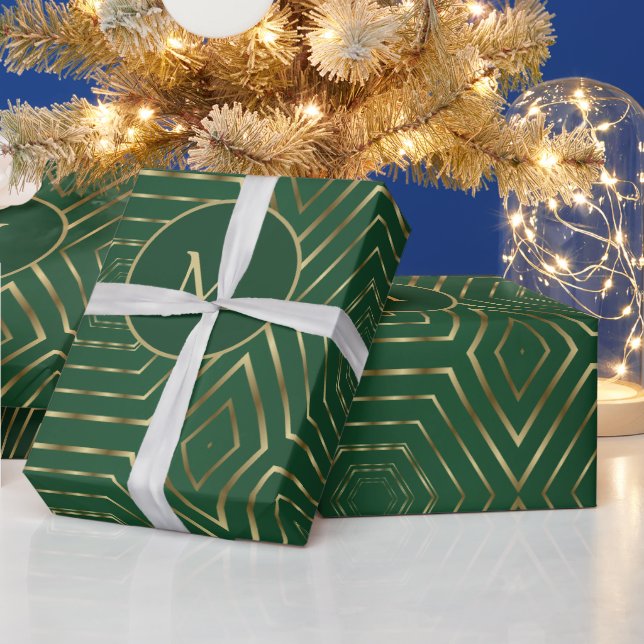 Pretty Emerald Green And Gold Geometric Wrapping Paper (Holidays)