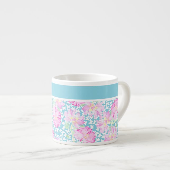 Pretty Espresso Mug, Pink Roses, White Butterflies Espresso Cup (Front Right)