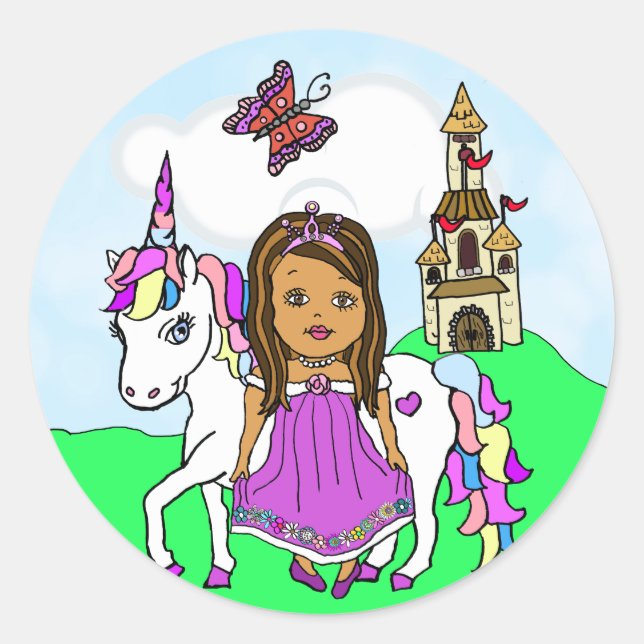 Pretty Ethnic Princess and Unicorn Castle Classic Round Sticker (Front)