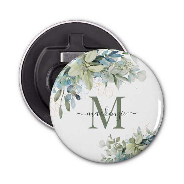 Pretty Eucalyptus Botanical Floral Monogram Bottle Opener (Front)
