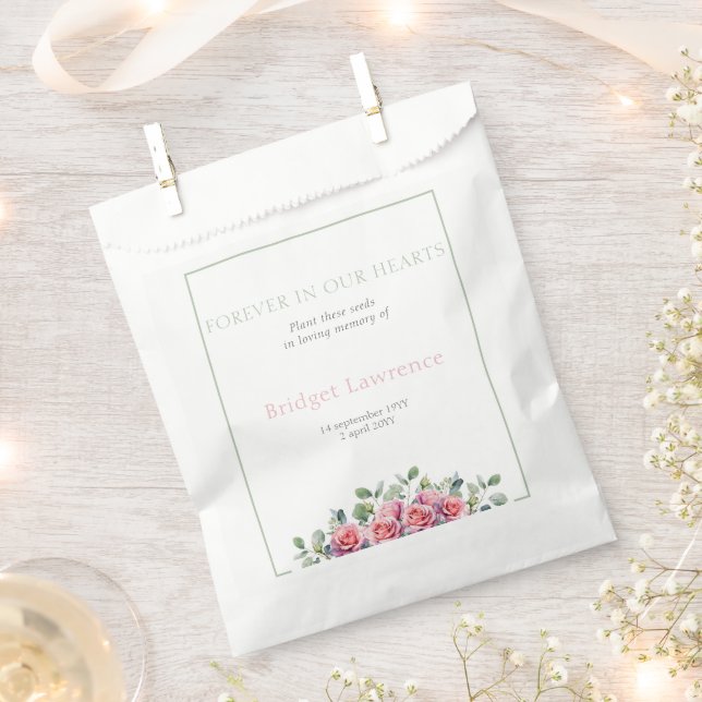 Pretty eucalyptus pink roses funeral seed packet favour bag (Clipped)