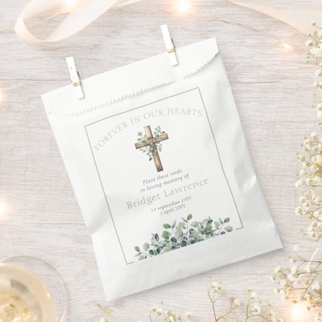 Pretty Eucalyptus Wooden Cross Funeral Seed Packet Favour Bag (Clipped)