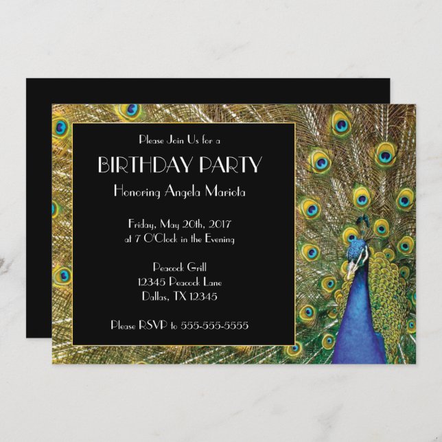 Pretty Exotic Peacock Photo Birthday Invitation (Front/Back)