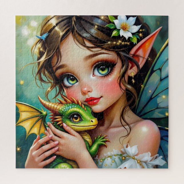Pretty  Fairy and Dragon Themed Girl's   Jigsaw Puzzle (Vertical)