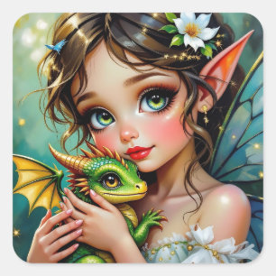 Pretty  Fairy and Dragon Themed Girl's   Square Sticker
