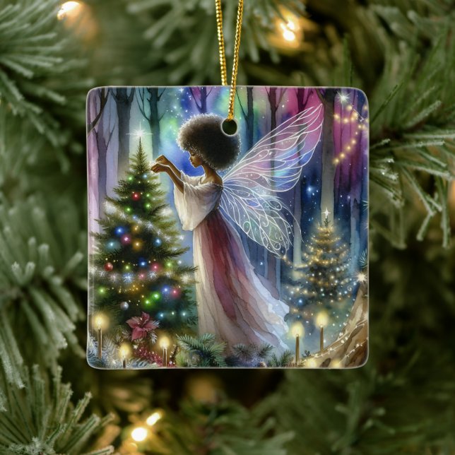Pretty Fairy Decorating the Christmas Tree  Ceramic Ornament (Tree)