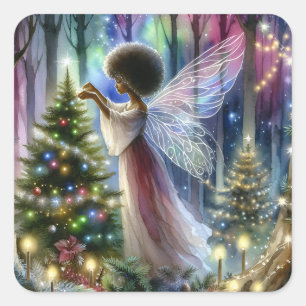 Pretty Fairy Decorating the Christmas Tree  Square Sticker
