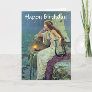 Pretty Fairy Fae Harp Candle Ocean Birthday Card