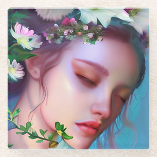 Pretty Fairy Flowers in Hair Fantasy Art Glass Coaster