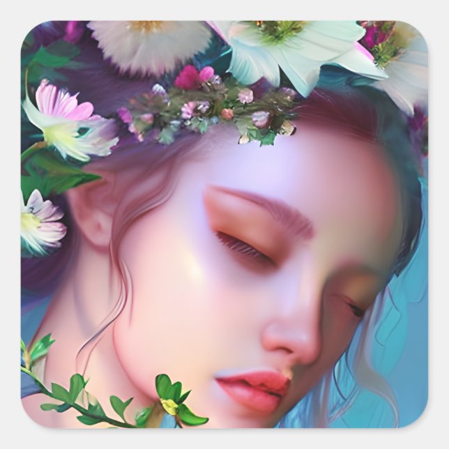 Pretty Fairy Flowers in Hair Fantasy Art Square Sticker (Front)