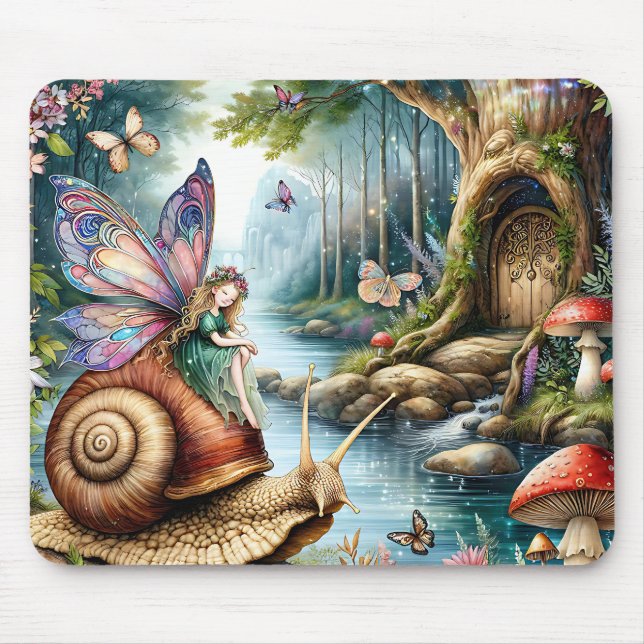 Pretty Fairy Land with cute Snail and Butterflies Mouse Pad (Front)