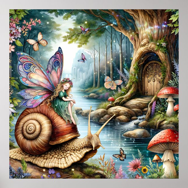 Pretty Fairy Land with cute Snail and Butterflies Poster (Front)