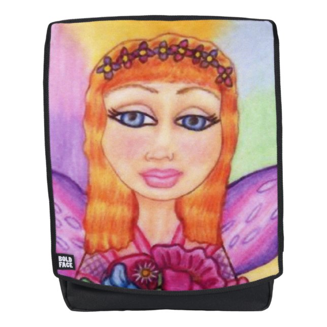 Pretty Fairy Purple Wings Red Hair Holding Flowers Backpack (Front)