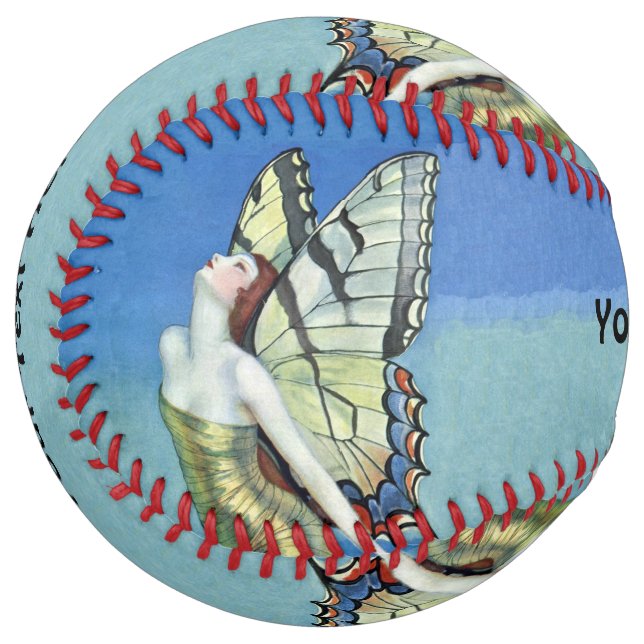 Pretty Fairy Red Hair Monarch Butterfly Wings Blue Softball (Front Left)