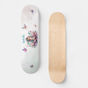 Pretty fairy sitting inside flower skateboard