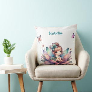 Pretty fairy sitting inside flower throw pillow