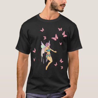 Pretty Fairy Surrounded by Pink Butterflies  T-Shirt