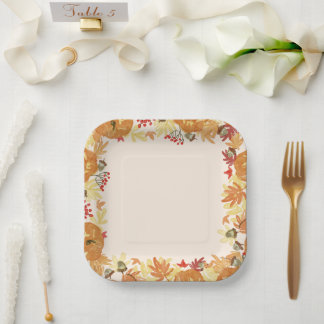 Pretty Fall Brown Red and Orange Flower Border Paper Plate