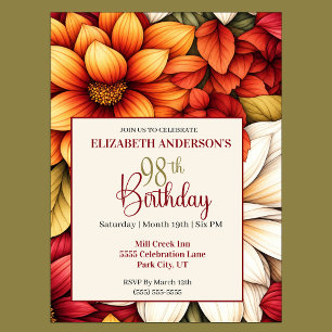 Pretty Fall Dahlia Flower 98th Birthday Invitation