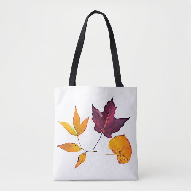 Pretty Fall Leaves Burgundy, Yellow, Orange White Tote Bag (Front)