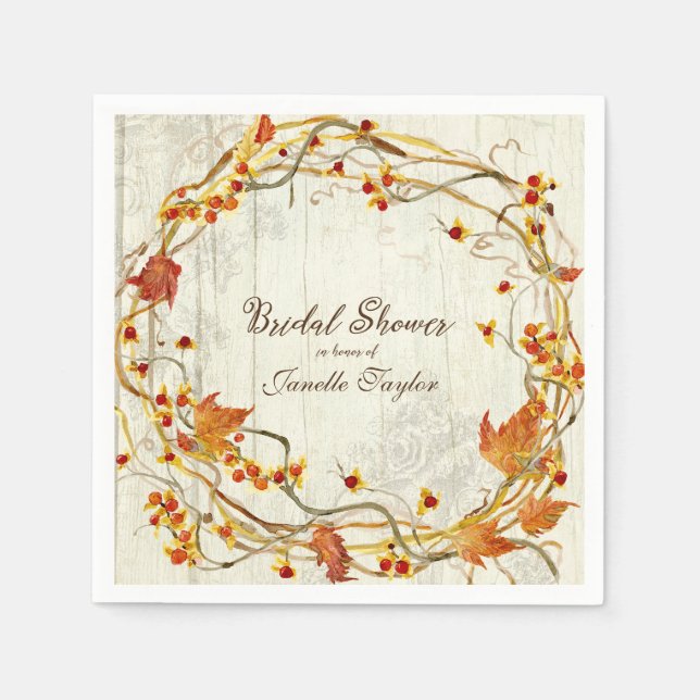 Pretty Fall Leaves Wreath Watercolor Bridal Shower Napkin (Front)