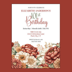 Pretty Fall Peony 101st Birthday Invitation