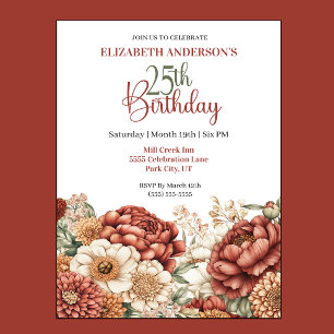 Pretty Fall Peony 25th Birthday Invitation
