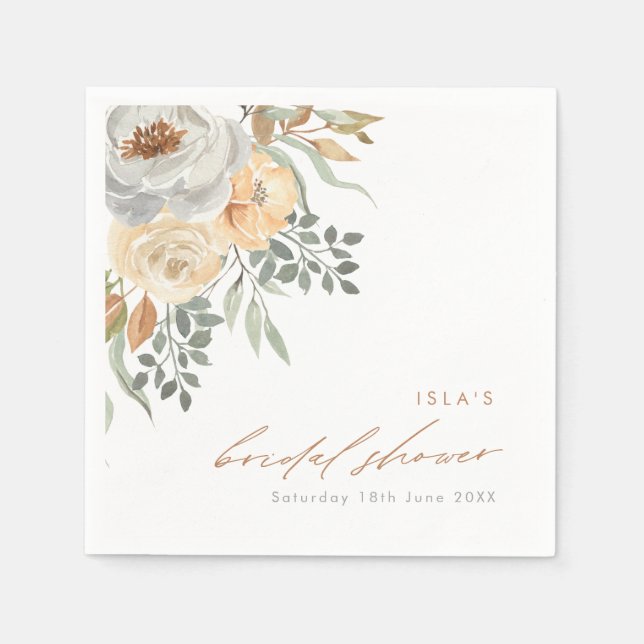 Pretty Fall Tan & Grey Floral Bridal Shower Napkin (Front)