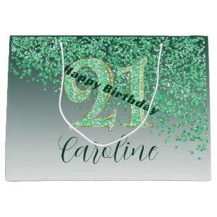 Pretty Falling Green Glitter 21st Birthday Large Gift Bag