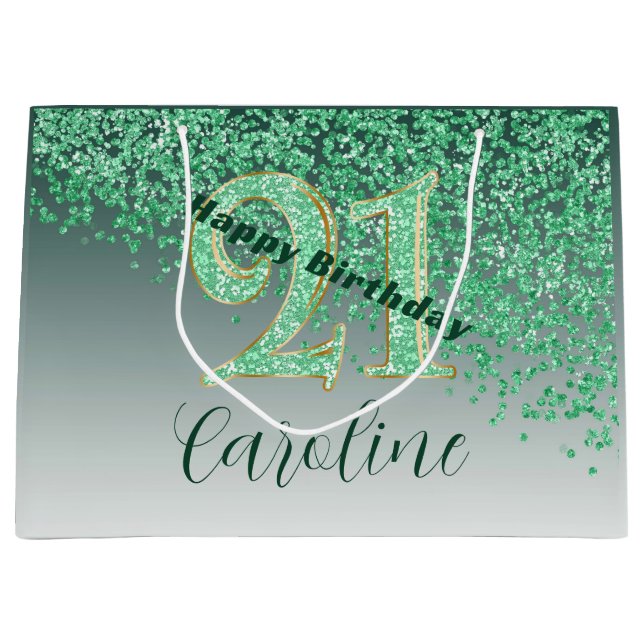Pretty Falling Green Glitter 21st Birthday Large Gift Bag (Front)