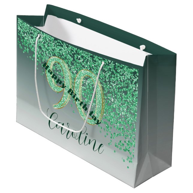 Pretty Falling Green Glitter 90th Birthday Large Gift Bag (Front Angled)