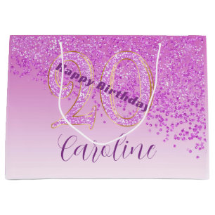 Pretty Falling Pink Glitter 20th Birthday Large Gift Bag