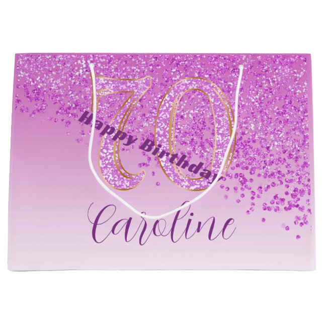 Pretty Falling Pink Glitter 70th Birthday Large Gift Bag (Front)