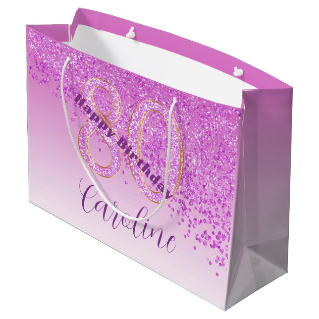 Pretty Falling Pink Glitter 80th Birthday Large Gift Bag (Back Angled)