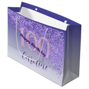 Pretty Falling Purple Glitter 100th Birthday Large Gift Bag