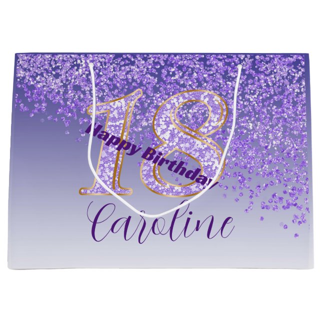 Pretty Falling Purple Glitter 18th Birthday Large Gift Bag (Front)