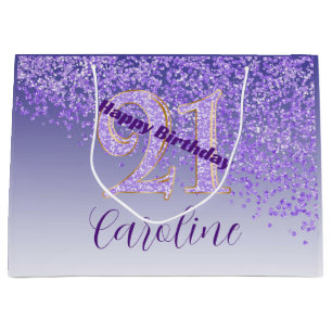 Pretty Falling Purple Glitter 21st Birthday Large Gift Bag