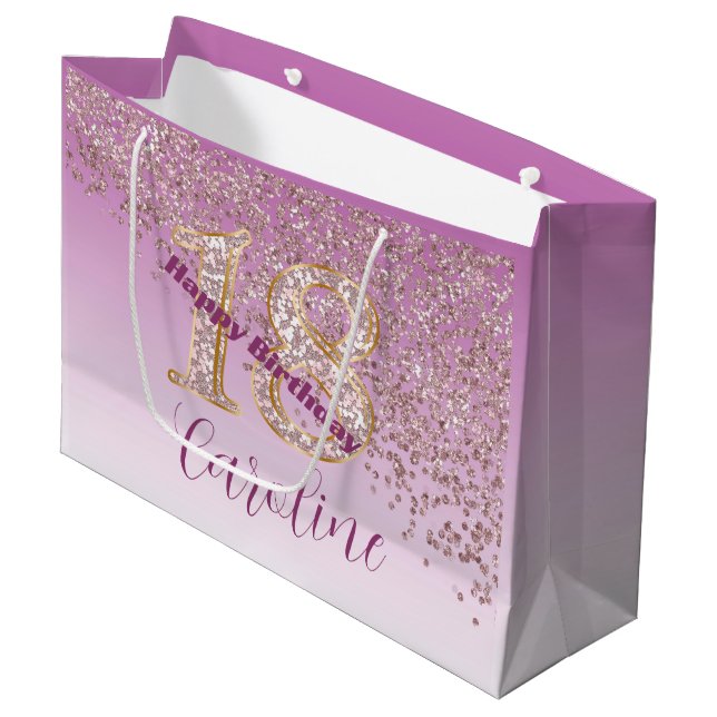 Pretty Falling Rose Gold Glitter 18th Birthday Large Gift Bag (Front Angled)