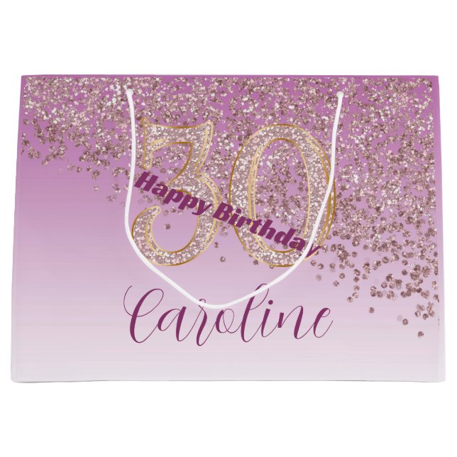 Pretty Falling Rose Gold Glitter 30th Birthday Large Gift Bag (Front)